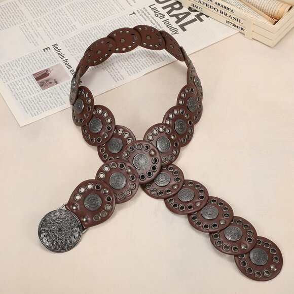 Women Vintage Disc Waist Concho Leather Belt Boho Waist Belt Brown Black Buckle main image 5
